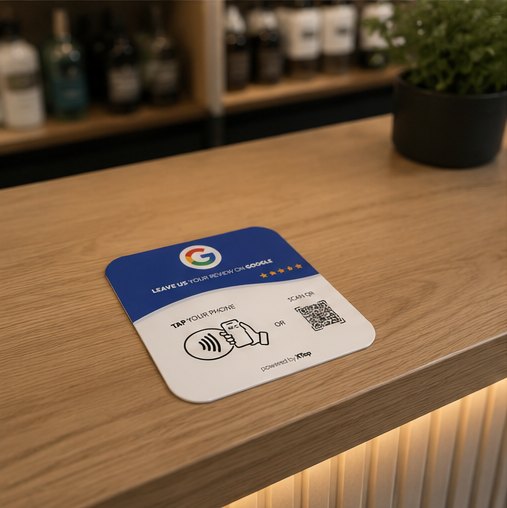 XTap review card on a wooden service counter