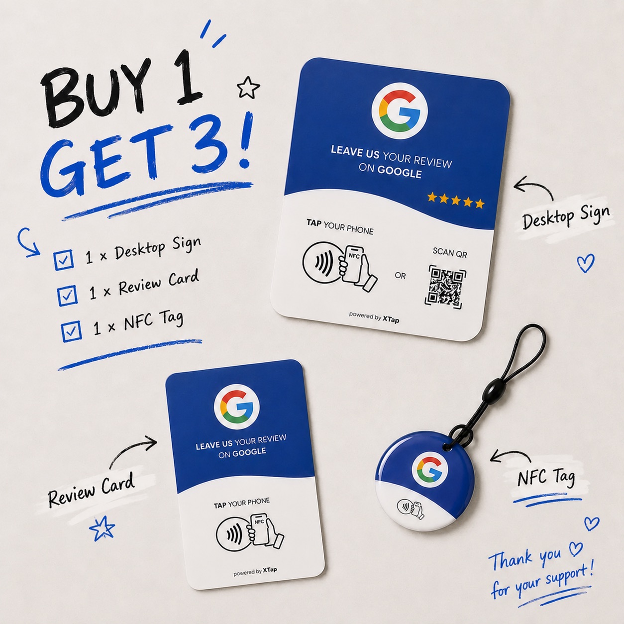 XTap Google review card duo bundle with desktop sign, review card and NFC tag